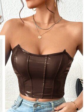 NWT Bailey Rose Brown Faux Leather Strapless Corset Top - Size Large